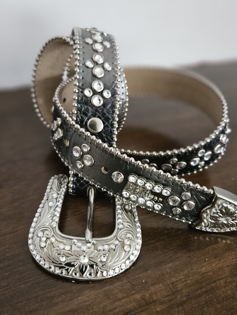 Authentic B.B. Simon Fully Loaded Rhinestone Belt Black Leather - Size L (34/36)